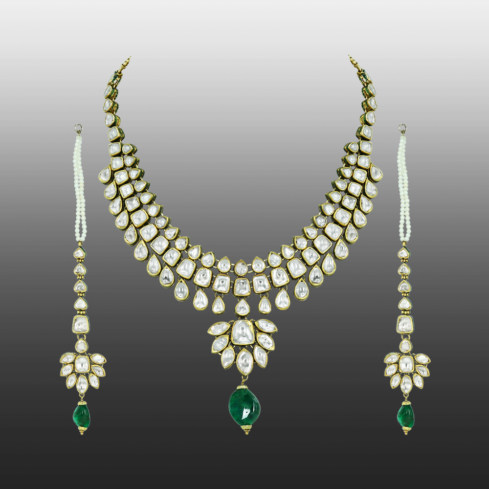 Layered Polki Necklace Set with Emerald Pendant and Kanoti Earrings